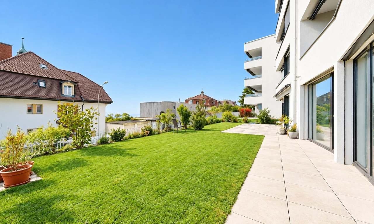 jardin avec pelouse, day time, et terrasse