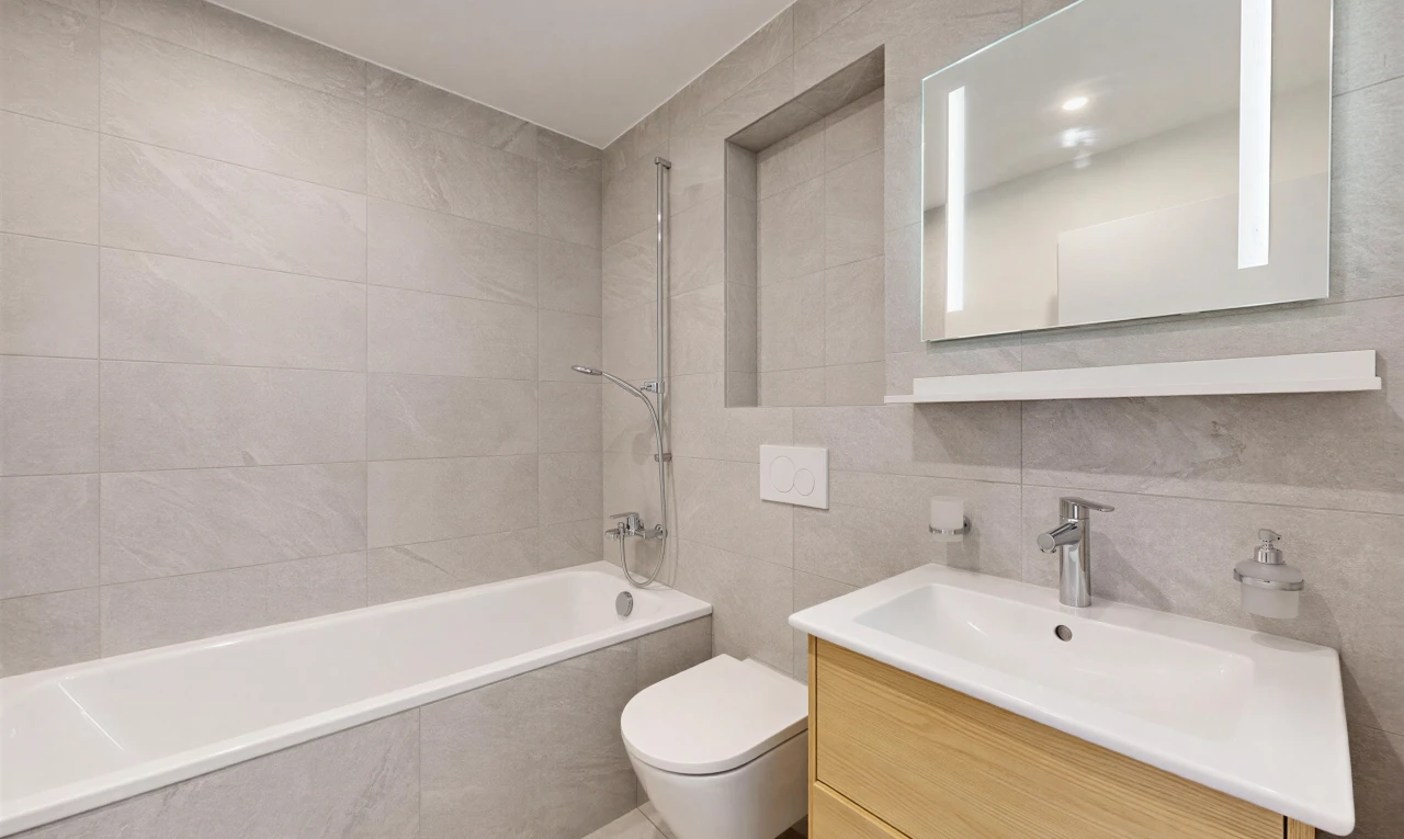 salle de bains avec salle de bain complète, tile wall, mur en carrelage, miroir, et lavabo (ou coiffeuse selon le contexte)
