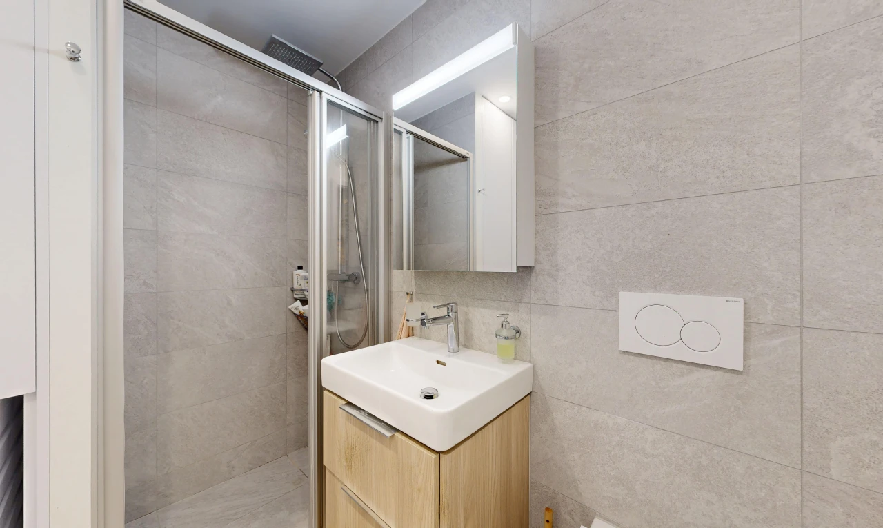 salle de bains avec douche, miroir, lavabo (ou coiffeuse selon le contexte), salle de bain complète, et évier