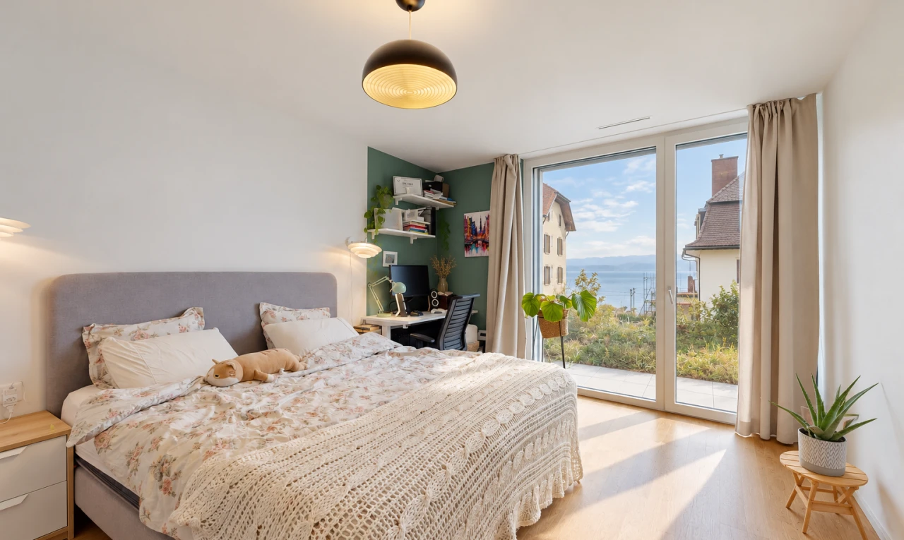 chambre avec accès à l'extérieur, cloison sèche, drywall, espace bureau, et inside property