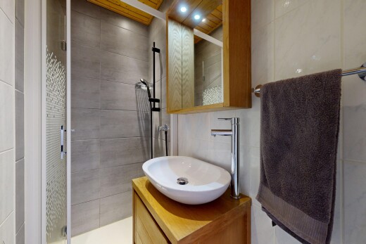 salle de bains avec miroir, évier, lavabo (ou coiffeuse selon le contexte), salle de bain complète, et douche