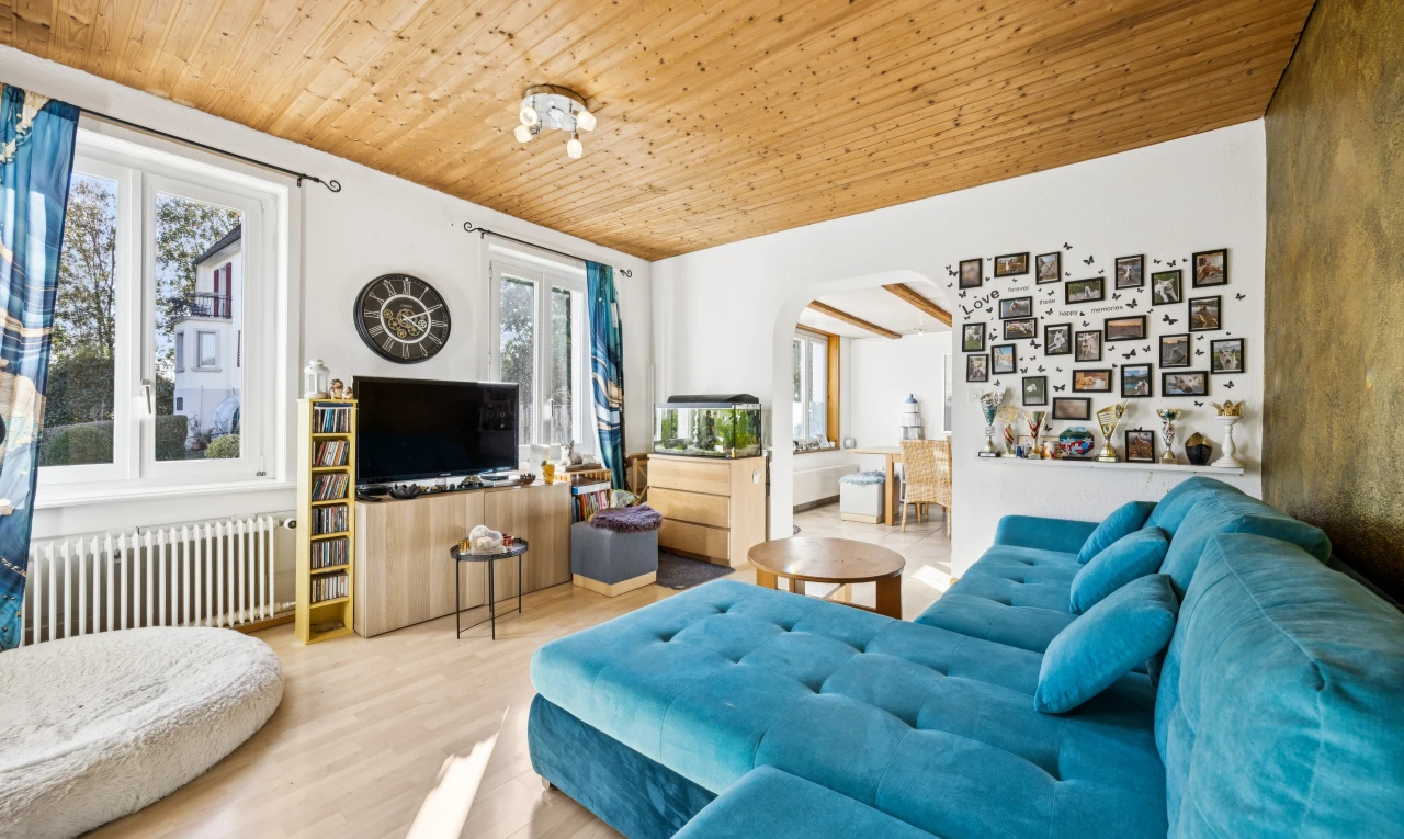 salon avec radiateur, télévision, wood ceiling, plafond en bois, et high end ceiling