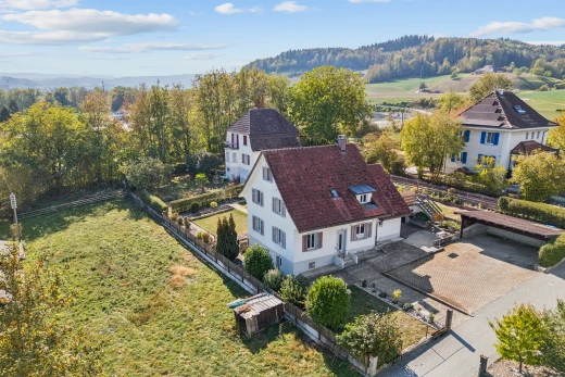 view of property featuring a garage, a fenced backyard, driveway, and a chimney
