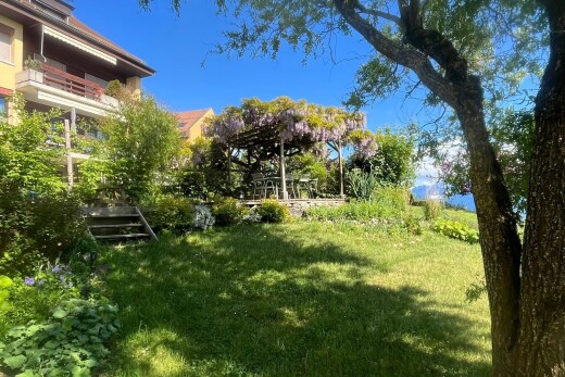 garden featuring a lawn and a wooden deck