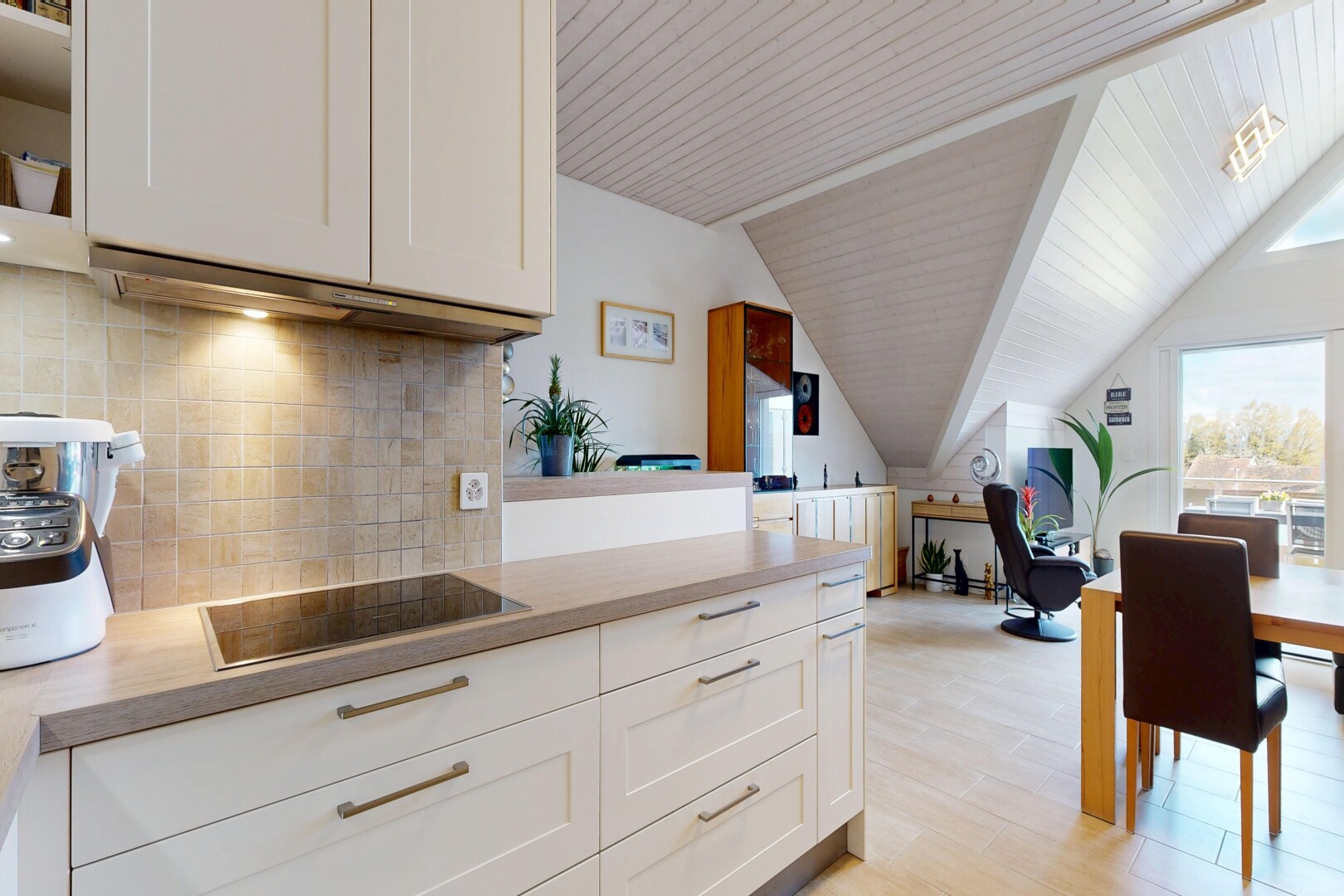 kitchen featuring white cabinetry, black electric cooktop, light wood-type flooring, backsplash, and a vaulted wood ceiling