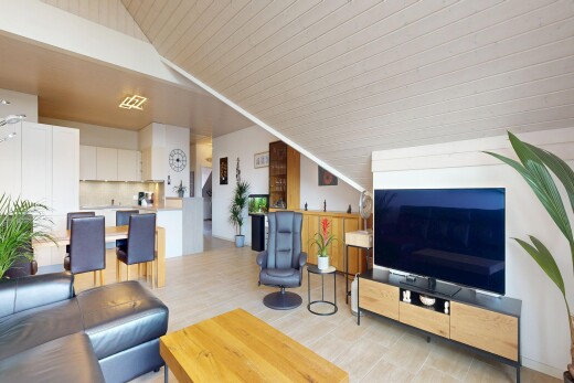 salon / salle à manger avec télévision, inside property, light floor, cloison sèche, et drywall