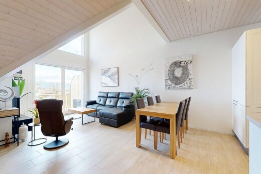 salon / salle à manger avec plafond en bois, wood ceiling, lumière naturelle, natural light, et inside property