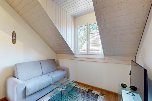 salon avec wood ceiling, plafond en bois, inside property, télévision, et drywall