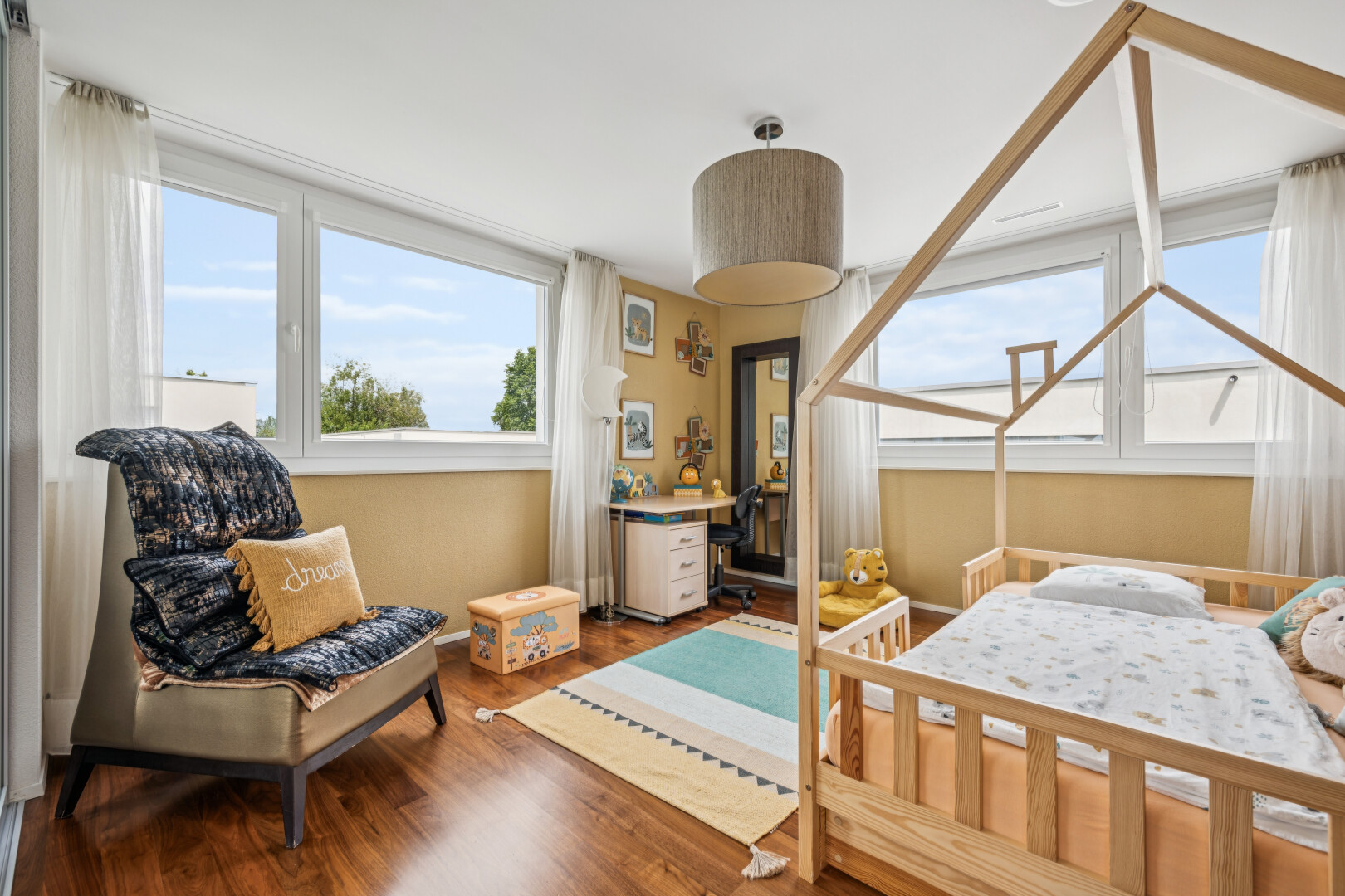 room / bedroom featuring dark wood-style flooring