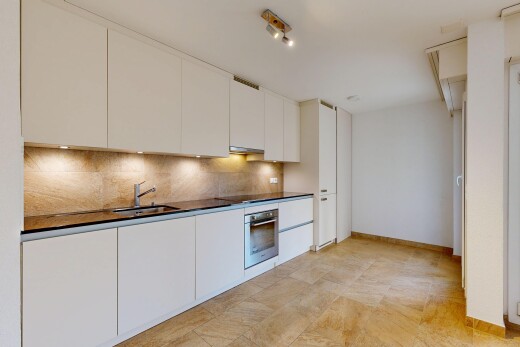 cuisine avec armoires à panneau plat, plans de travail, drywall, cloison sèche, et backsplash