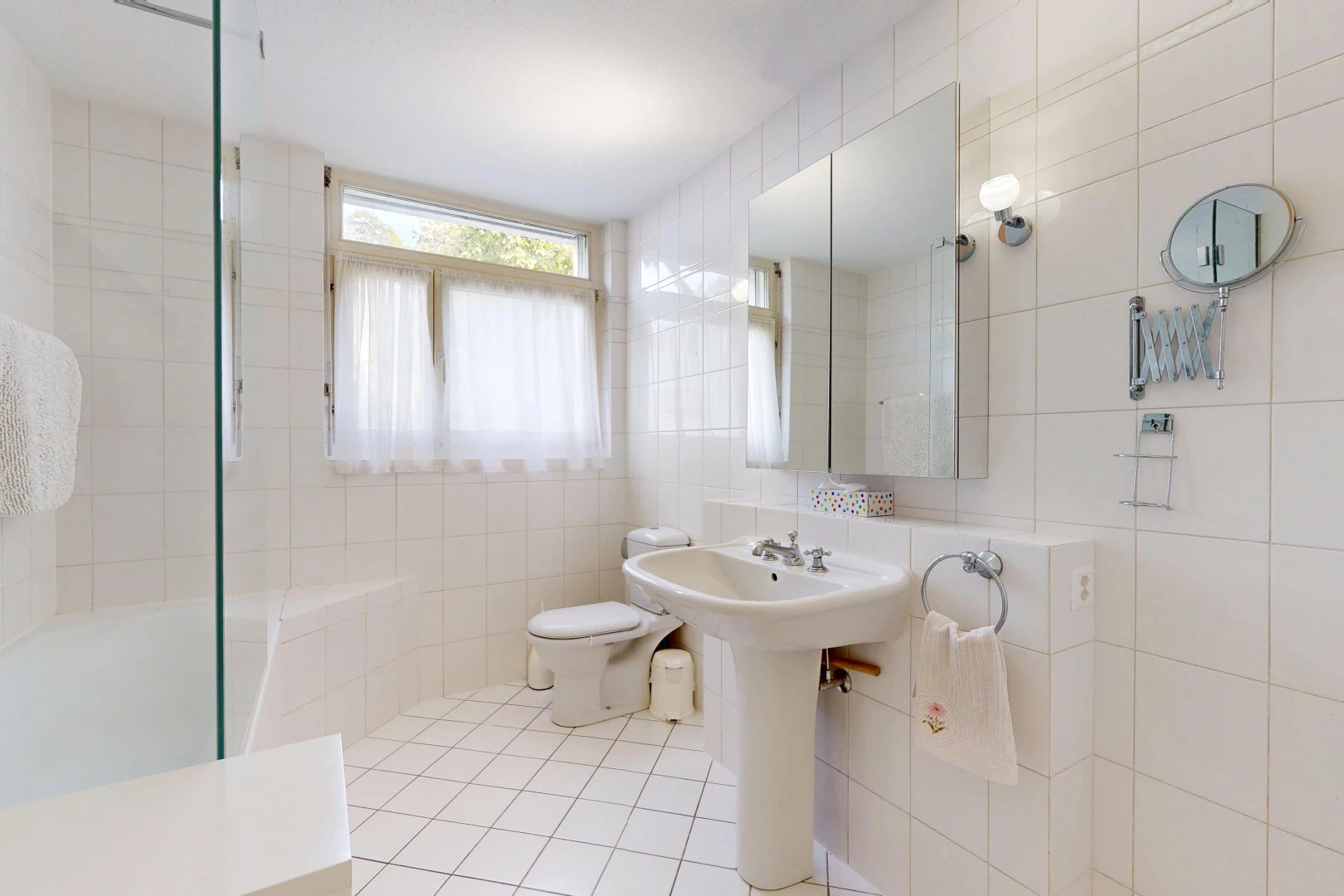 salle de bains avec mur en carrelage, tile wall, salle de bain complète, miroir, et toilette