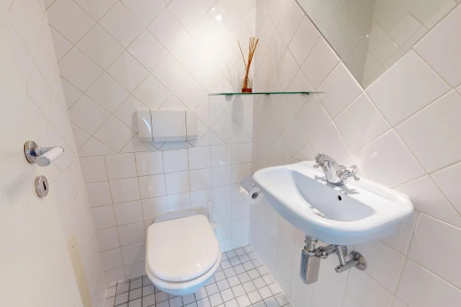 bad mit gäste-wc, fliesenwand, tile wall, waschbecken, und fliesenboden