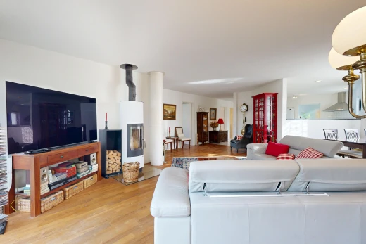 wohnzimmer mit fernseher, holzfußboden, wood finish floor, gipskartonwand, und drywall