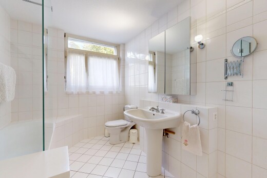 salle de bains avec mur en carrelage, tile wall, salle de bain complète, miroir, et toilette