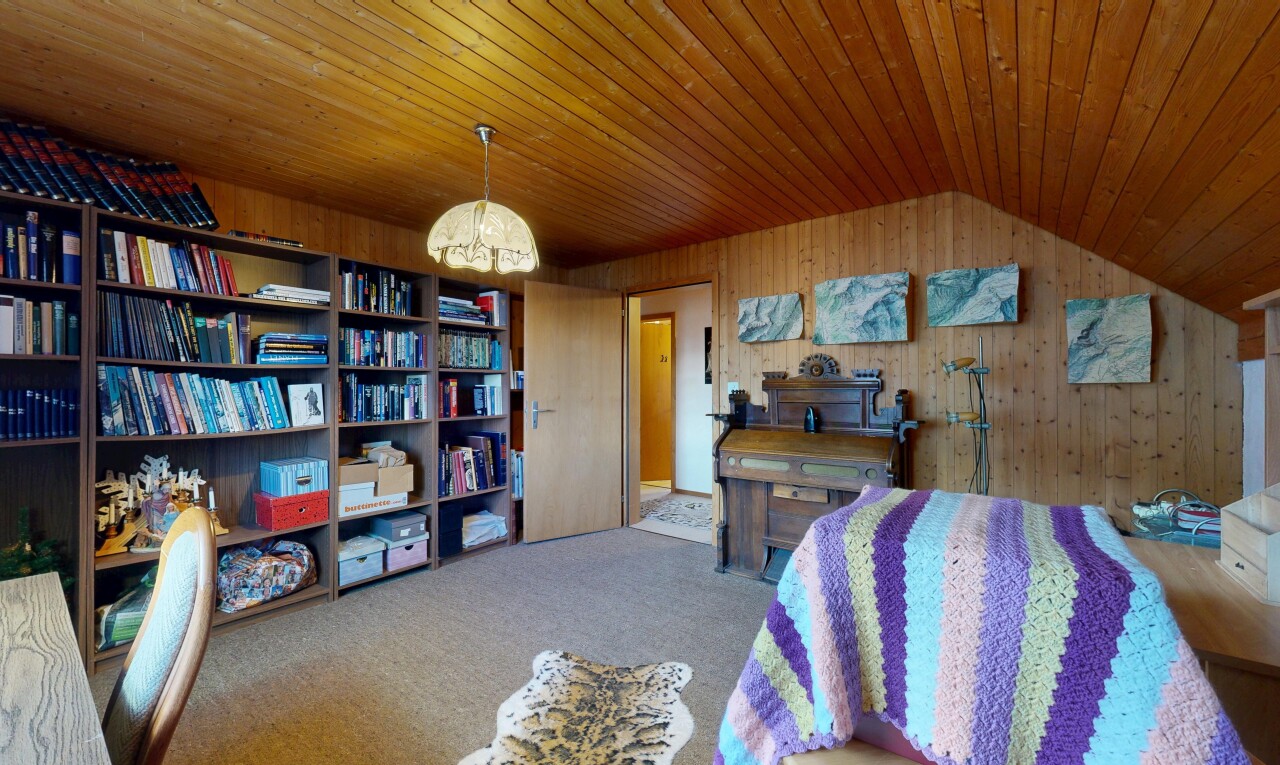 salon / salle à manger avec moquette, carpet, plafond voûté, vaulted ceiling, et mur en bois