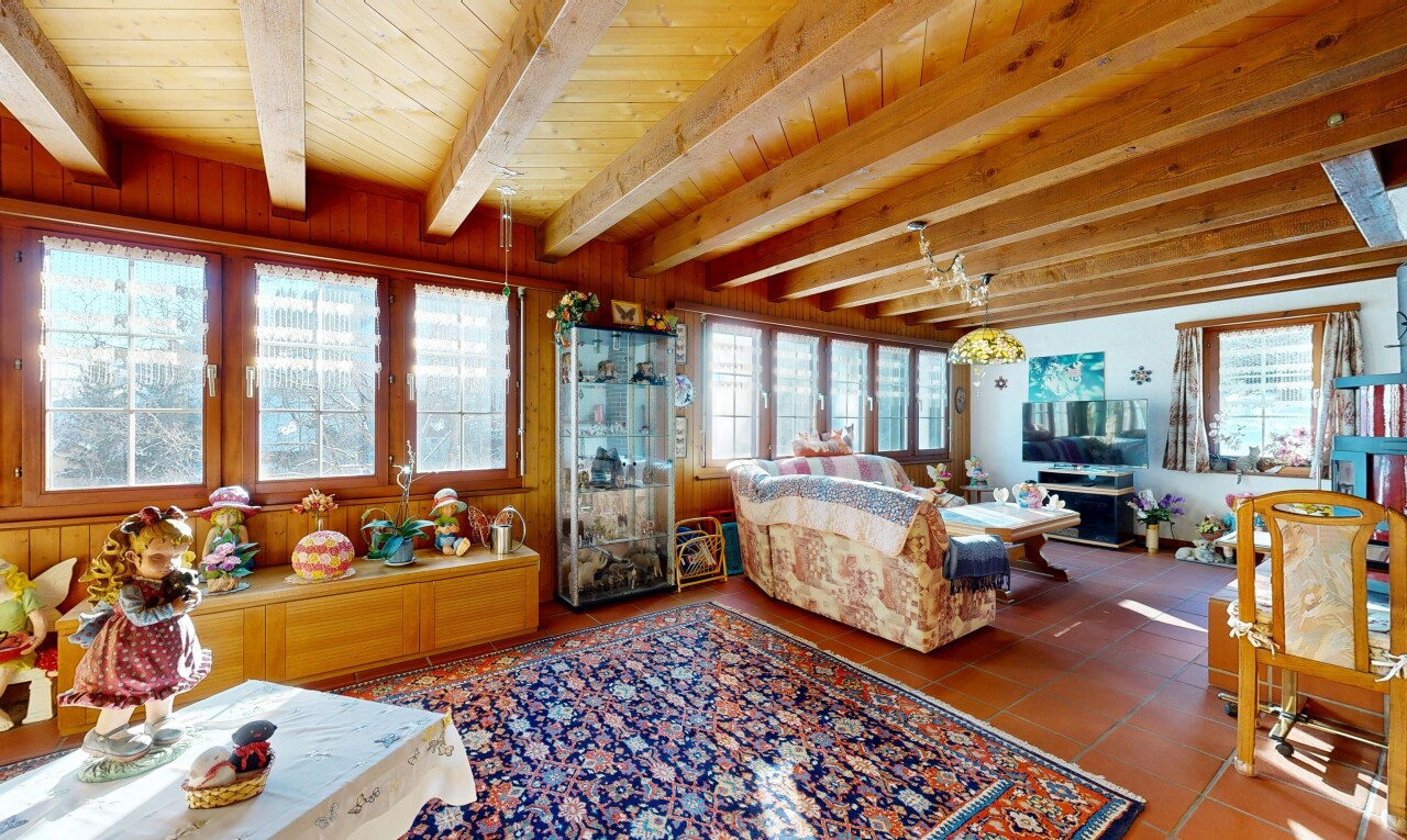 salon avec inside property, télévision, natural light, lumière naturelle, et wood ceiling