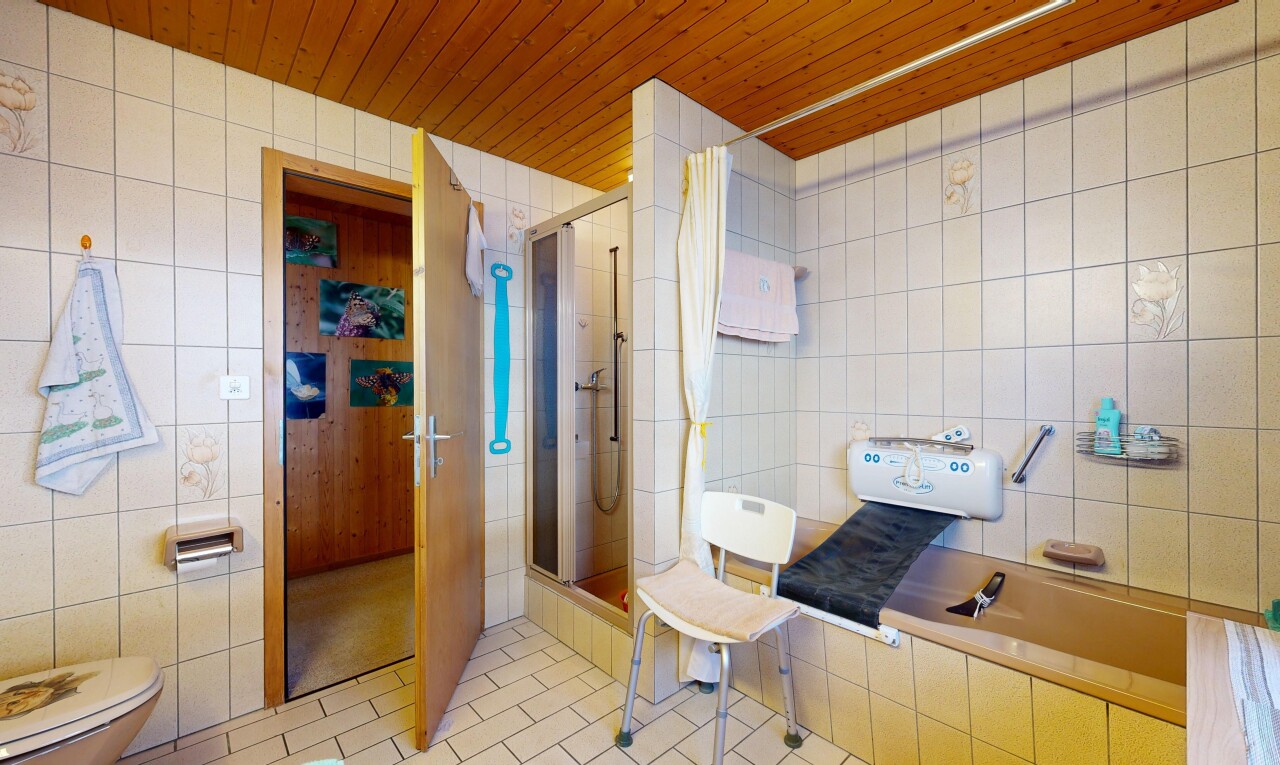 salle de bains avec tile wall, salle de bain complète, toilette, douche, et tile floor
