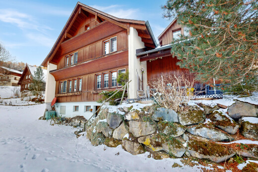 façade avec bardage en bois, bardage vertical, property visible, day time, et snow