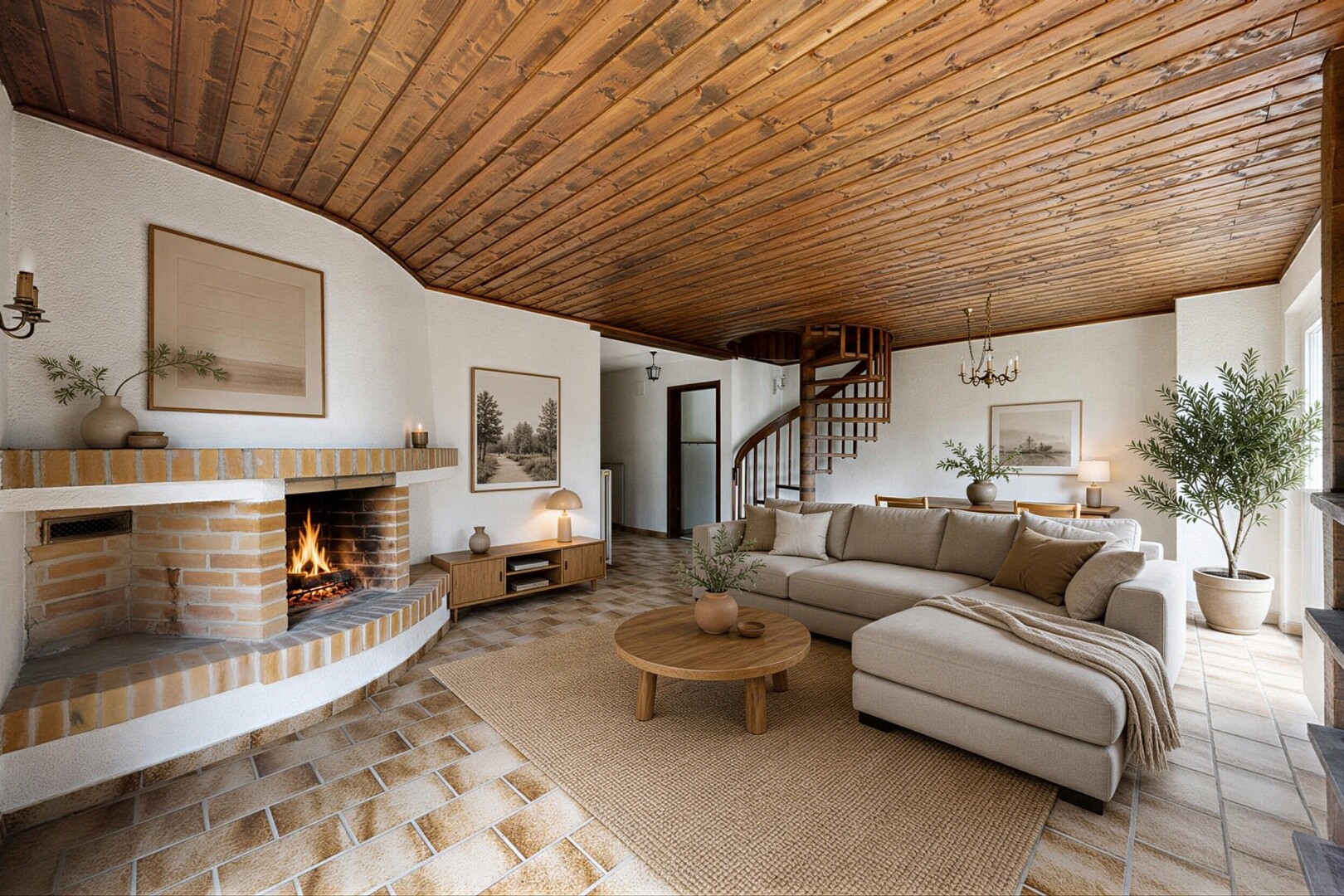 wohnzimmer mit kamin, inside property, treppen, bemerkenswerter kronleuchter, und holzdecke