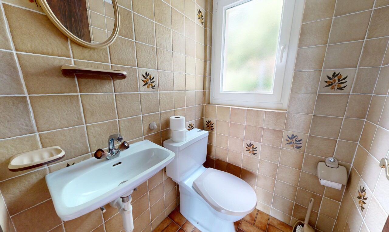bad mit spiegel, toilette, gäste-wc, waschbecken, und natürliches licht