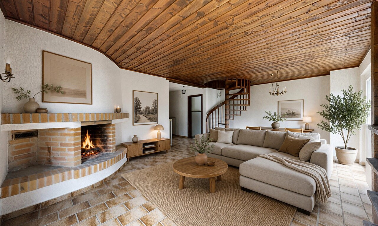 wohnzimmer mit kamin, inside property, treppen, bemerkenswerter kronleuchter, und holzdecke