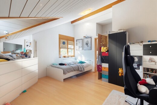 zimmer / schlafzimmer mit dachschräge, vaulted ceiling, inside property, holzfußboden, und wood finish floor