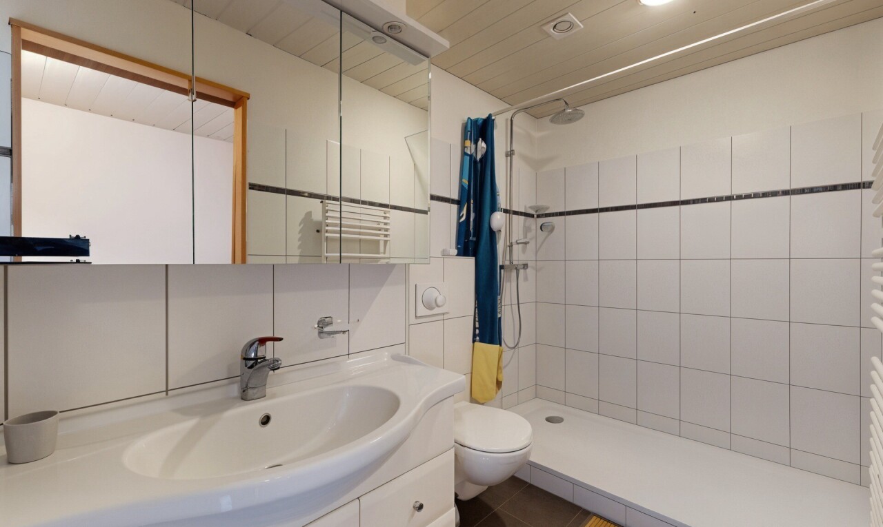 bad mit toilette, inside property, tile shower, dusche, und spiegel