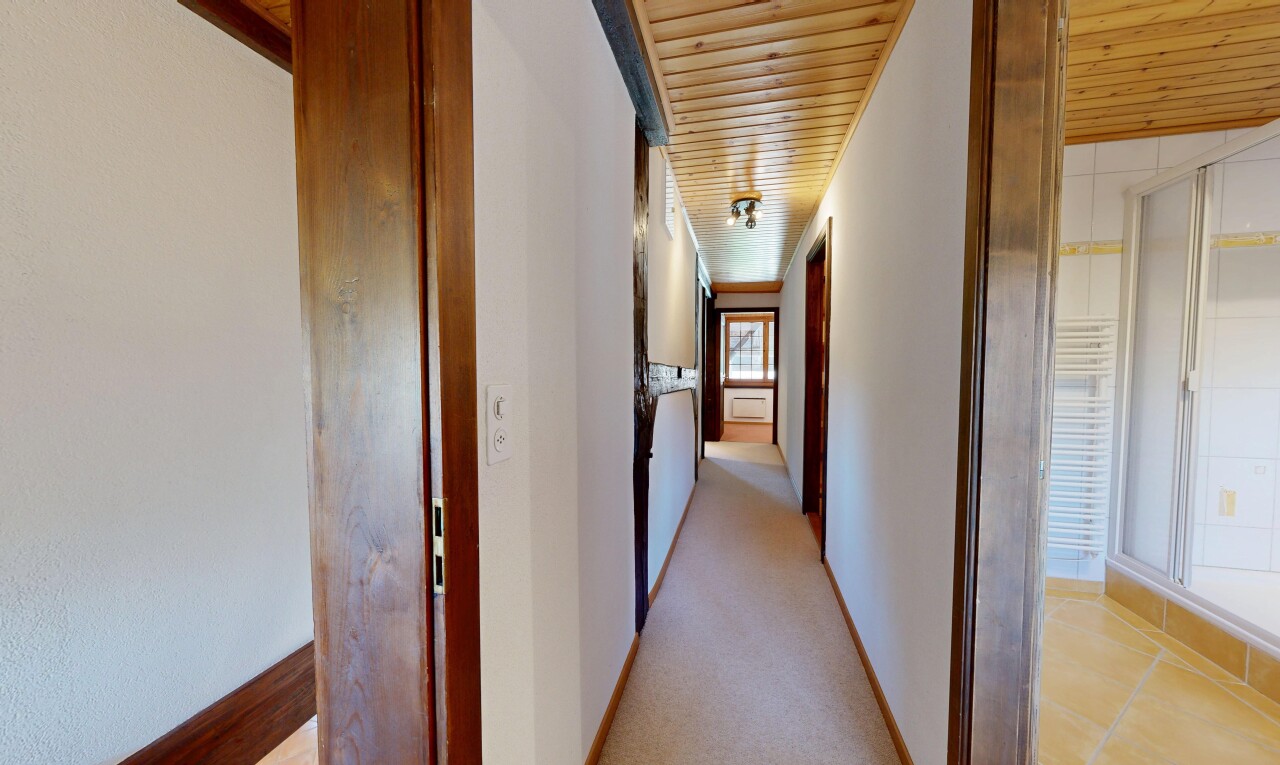 halle / korridor mit wood ceiling, holzdecke, inside property, carpet, und teppich