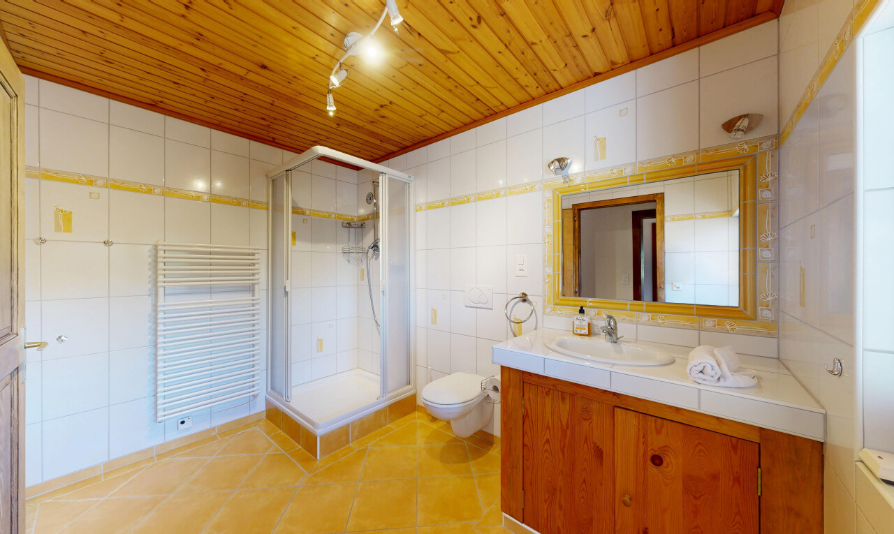 bad mit deckenbeleuchtung, holzdecke, wood ceiling, komplettes badezimmer, und fliesenwand