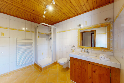 salle de bains avec éclairage sur rail, plafond en bois, wood ceiling, salle de bain complète, et mur en carrelage