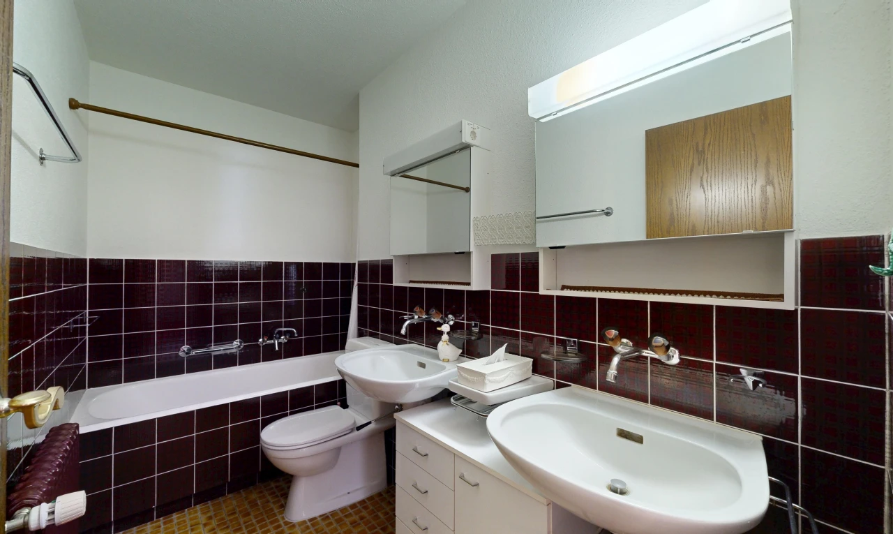 salle de bains avec miroir, évier, mur en carrelage, tile wall, et salle de bain complète