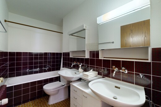salle de bains avec miroir, évier, mur en carrelage, tile wall, et salle de bain complète