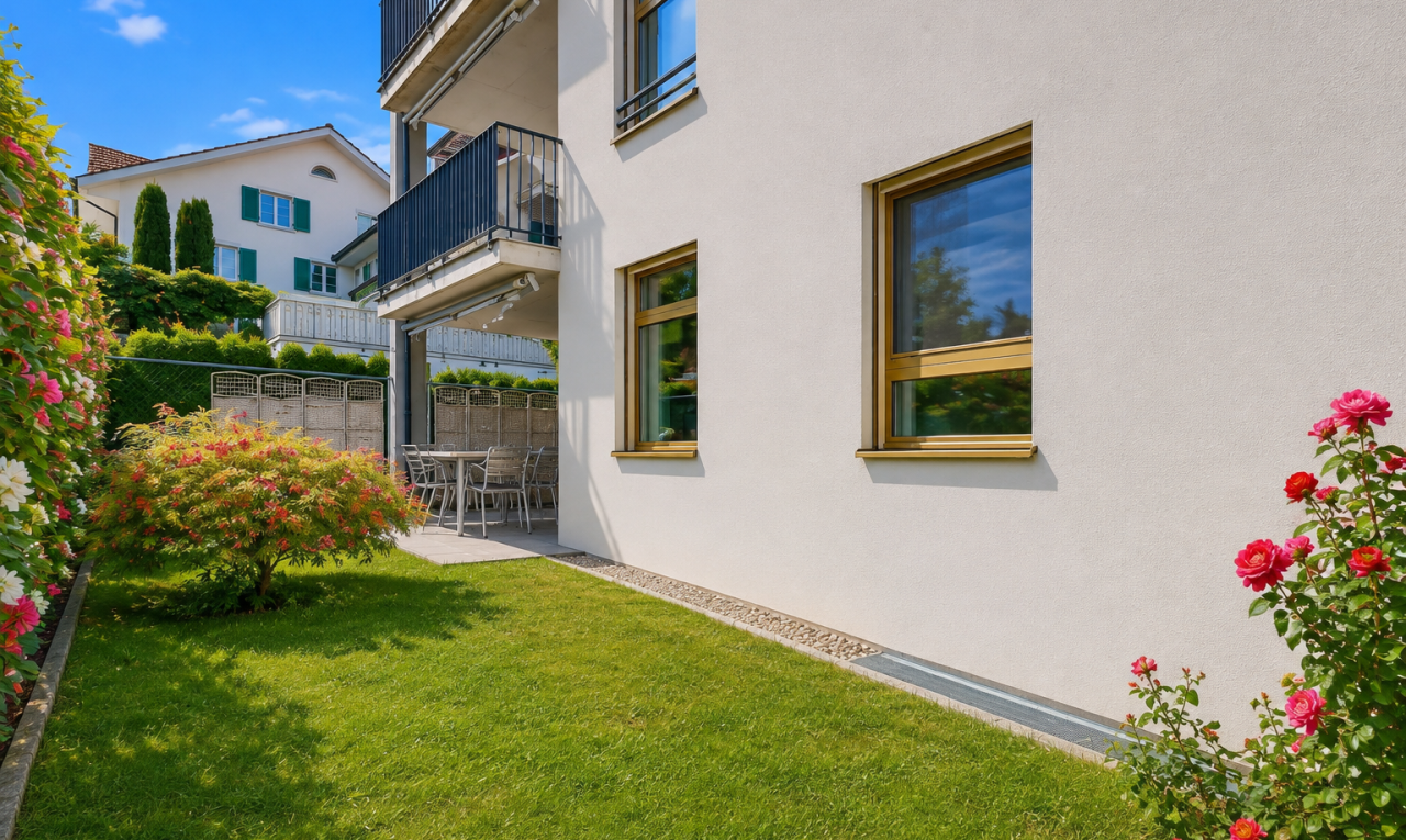 außenansicht mit zaun, property visible, balkon, rasen, und day time