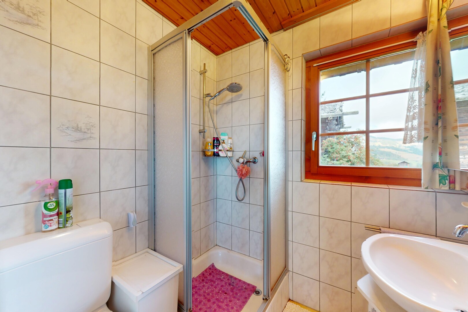 salle de bains avec mur en carrelage, tile wall, douche, inside property, et lumière naturelle