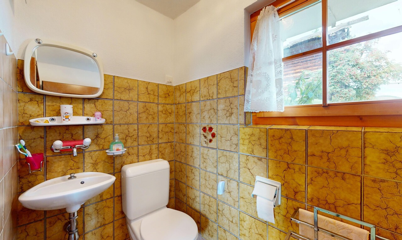salle de bains avec inside property, miroir, toilette, natural light, et lumière naturelle