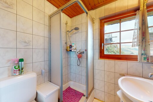 salle de bains avec mur en carrelage, tile wall, douche, inside property, et lumière naturelle