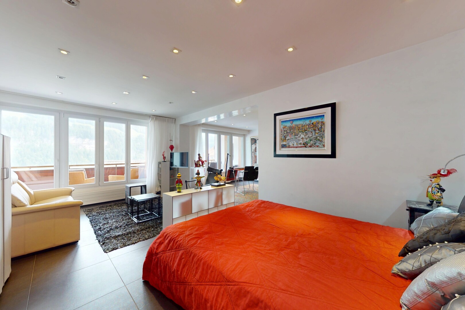 room with tile patterned floors and recessed lighting