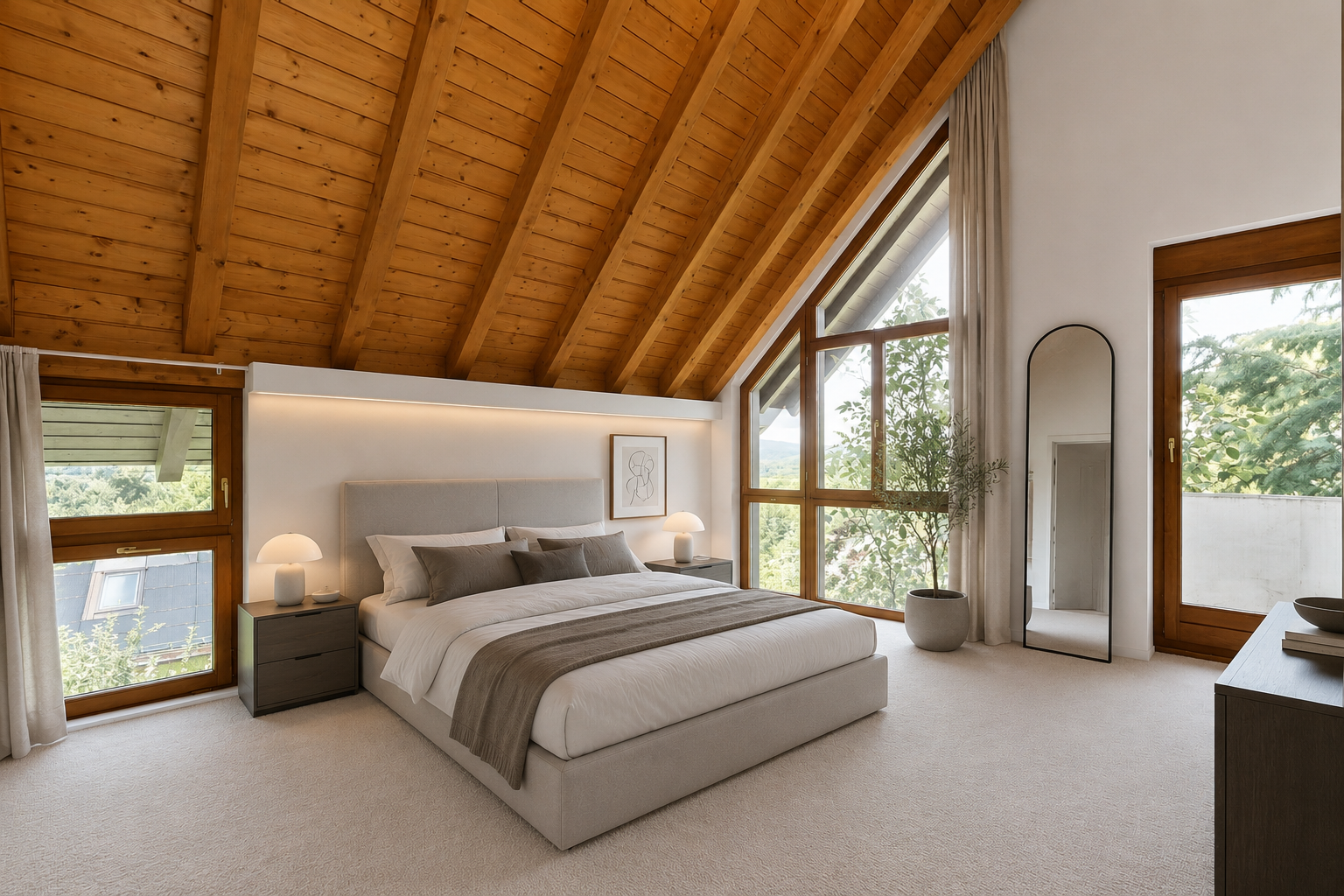 zimmer / schlafzimmer mit hohe decke, high ceiling, balkendecke, beamed ceiling, und inside property