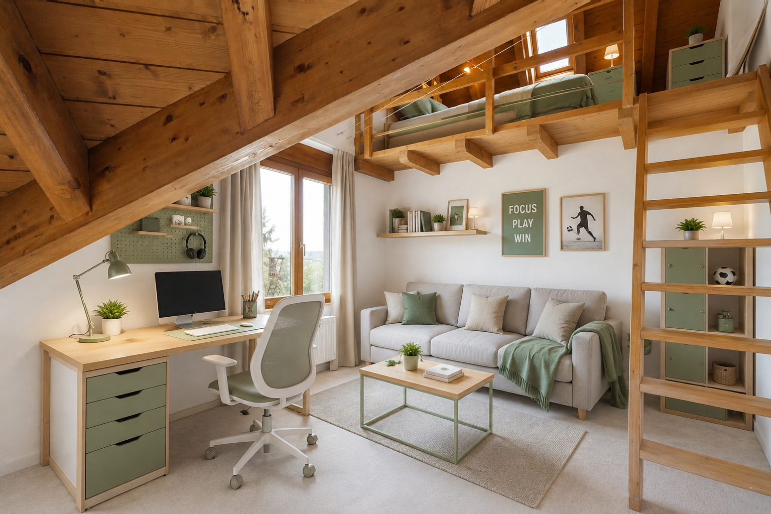 büro mit bürobereich, inside property, natürliches licht, natural light, und balkendecke