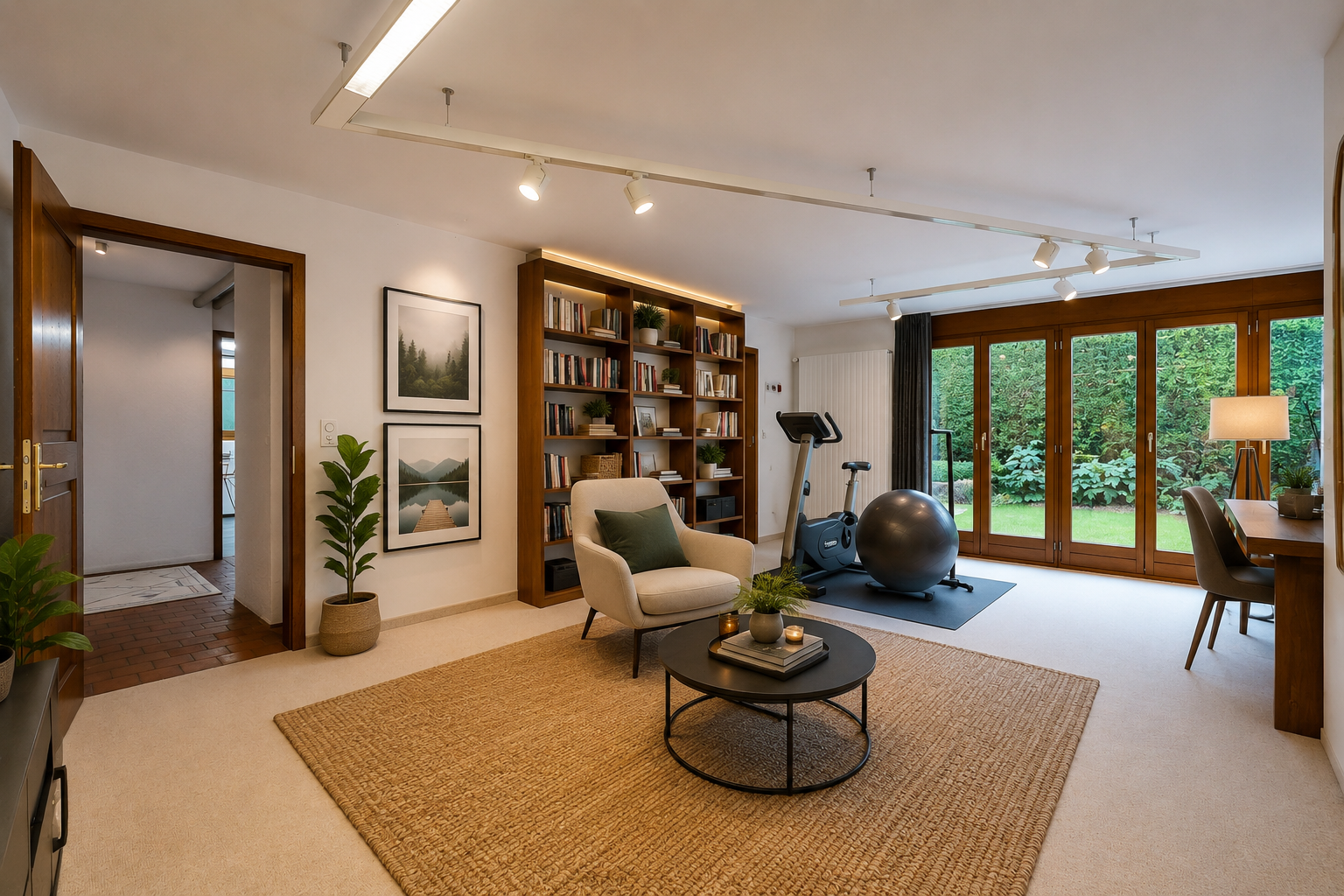 wohnzimmer mit deckenbeleuchtung, track lighting, teppich, carpet, und inside property