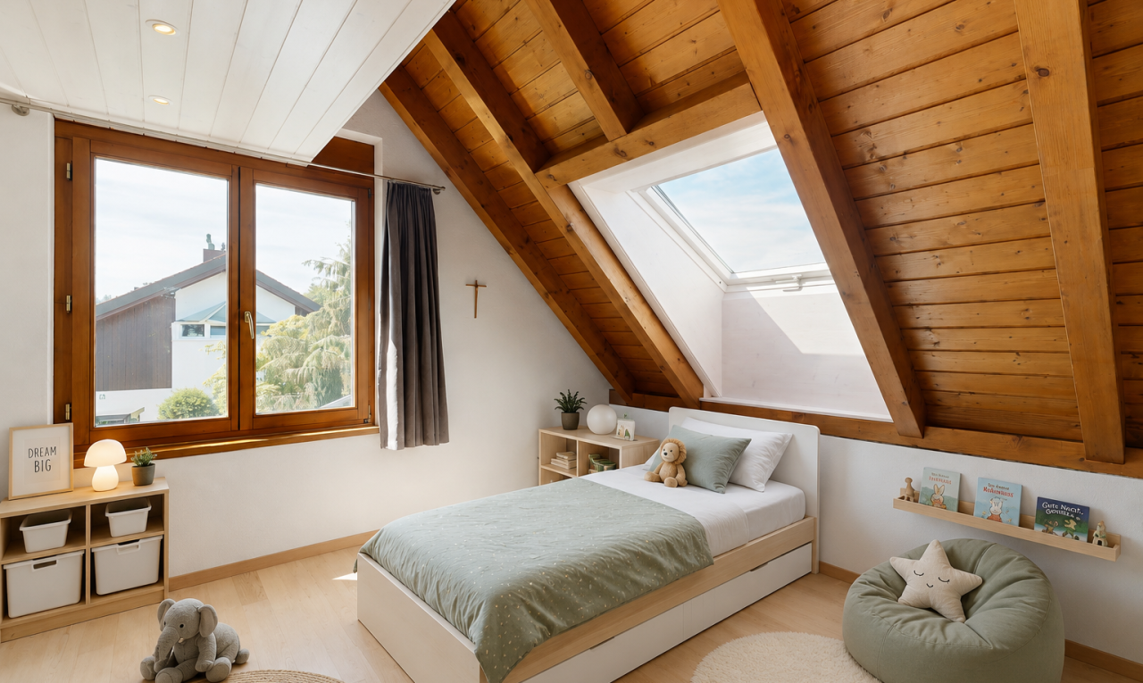 zimmer / schlafzimmer mit holzdecke, wood ceiling, gipskartonwand, drywall, und niedrige decke