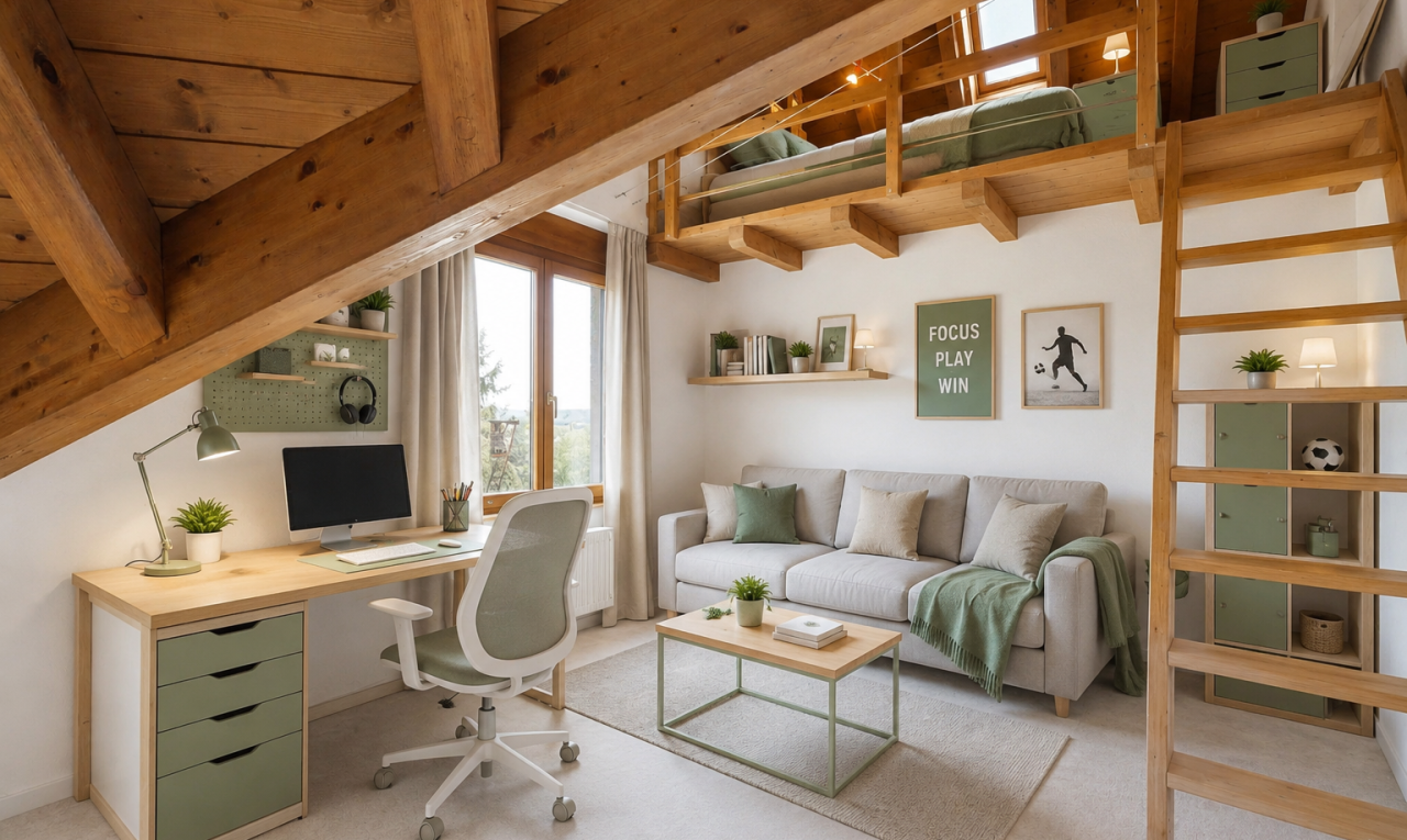 büro mit bürobereich, inside property, natürliches licht, natural light, und balkendecke