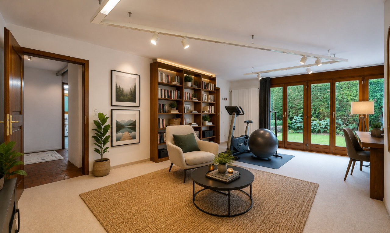 wohnzimmer mit deckenbeleuchtung, track lighting, teppich, carpet, und inside property