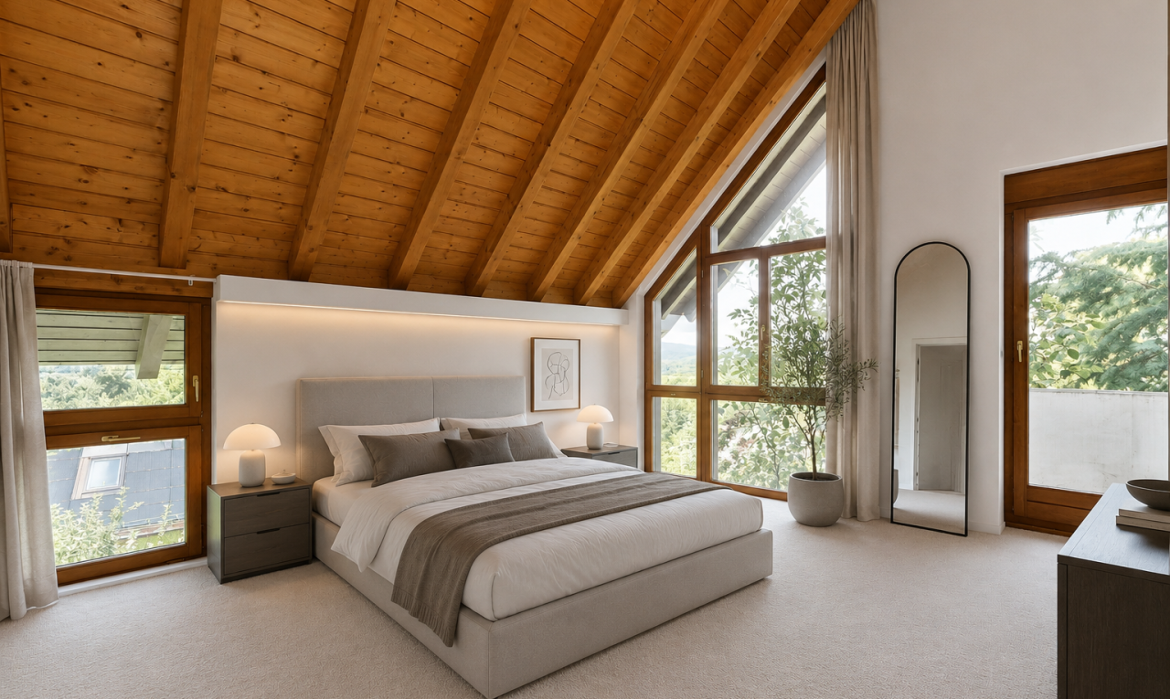 zimmer / schlafzimmer mit hohe decke, high ceiling, balkendecke, beamed ceiling, und inside property