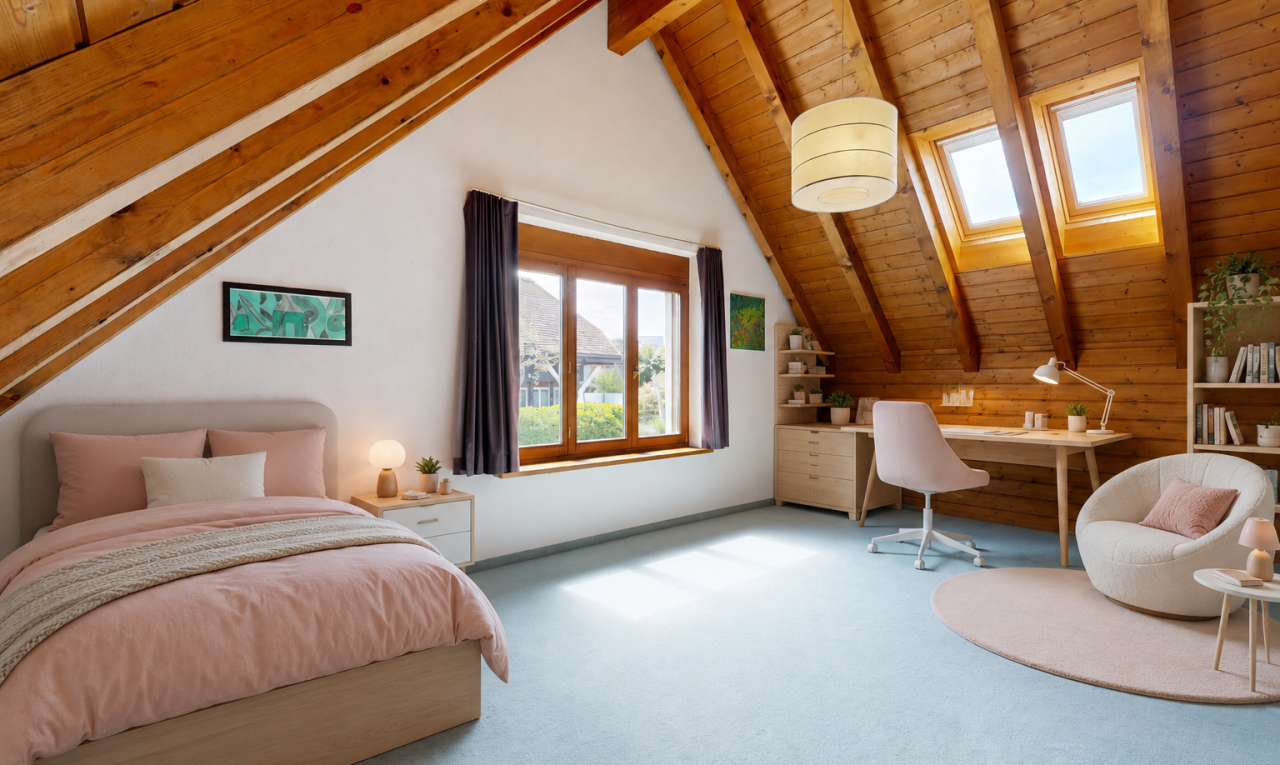 zimmer / schlafzimmer mit holzdecke, wood ceiling, zusätzliches zimmer, balkendecke, und beamed ceiling