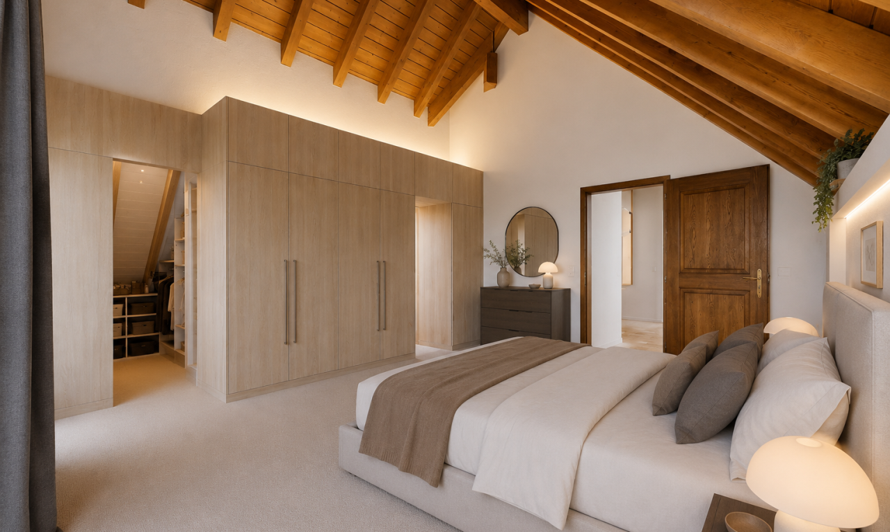 zimmer / schlafzimmer mit hohe decke, high ceiling, holzdecke, wood ceiling, und balkendecke