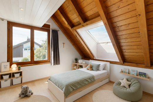 chambre avec plafond en bois, wood ceiling, cloison sèche, drywall, et plafond bas