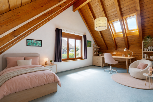 chambre avec plafond en bois, wood ceiling, pièce supplémentaire, plafond à poutres, et beamed ceiling