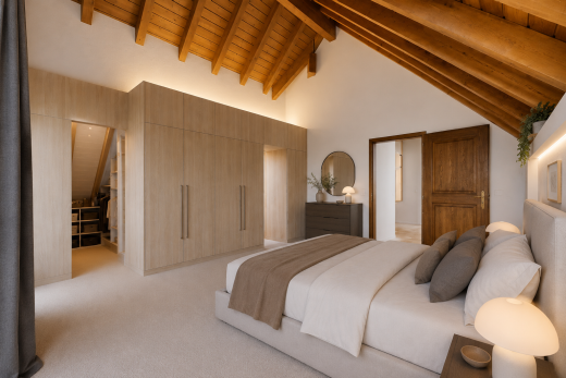 zimmer / schlafzimmer mit hohe decke, high ceiling, holzdecke, wood ceiling, und balkendecke