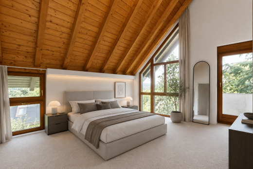 chambre avec plafond haut, high ceiling, plafond à poutres, beamed ceiling, et inside property